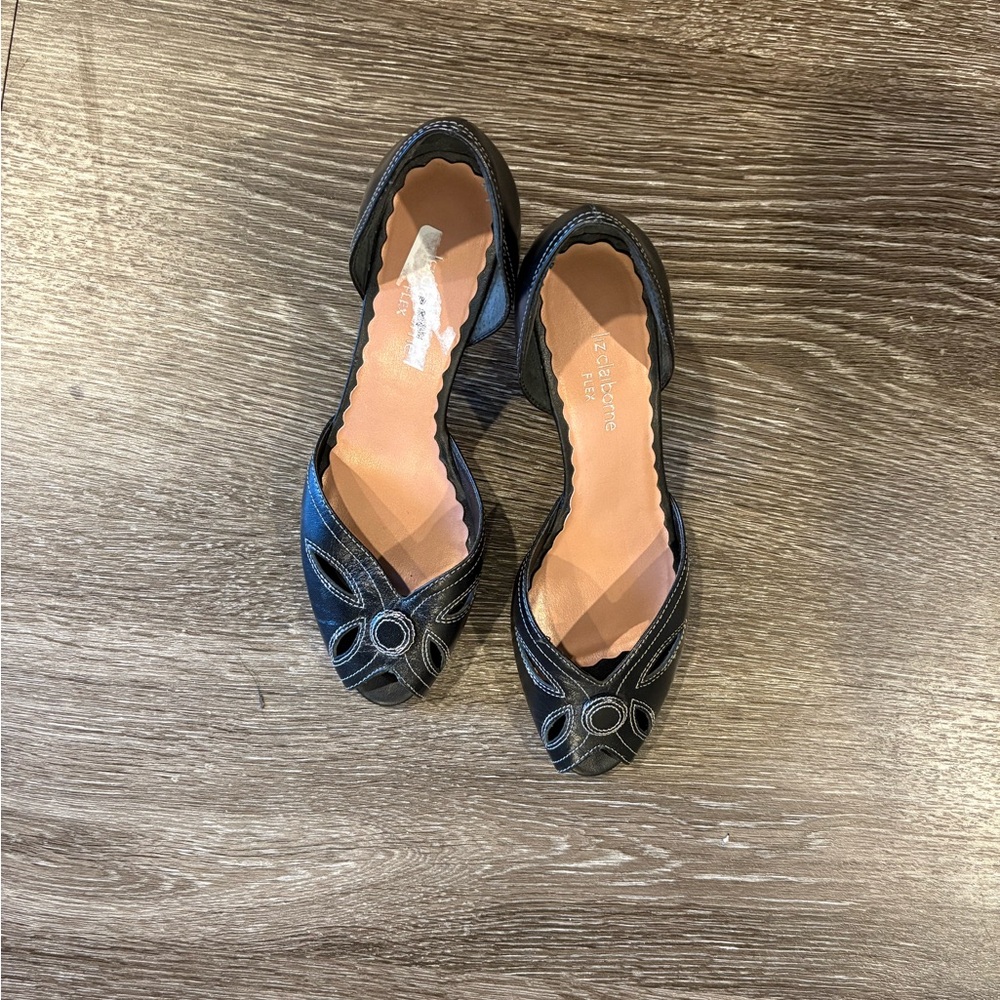 Black Patent Leather Flats with Peep-Toe and Bow Detail